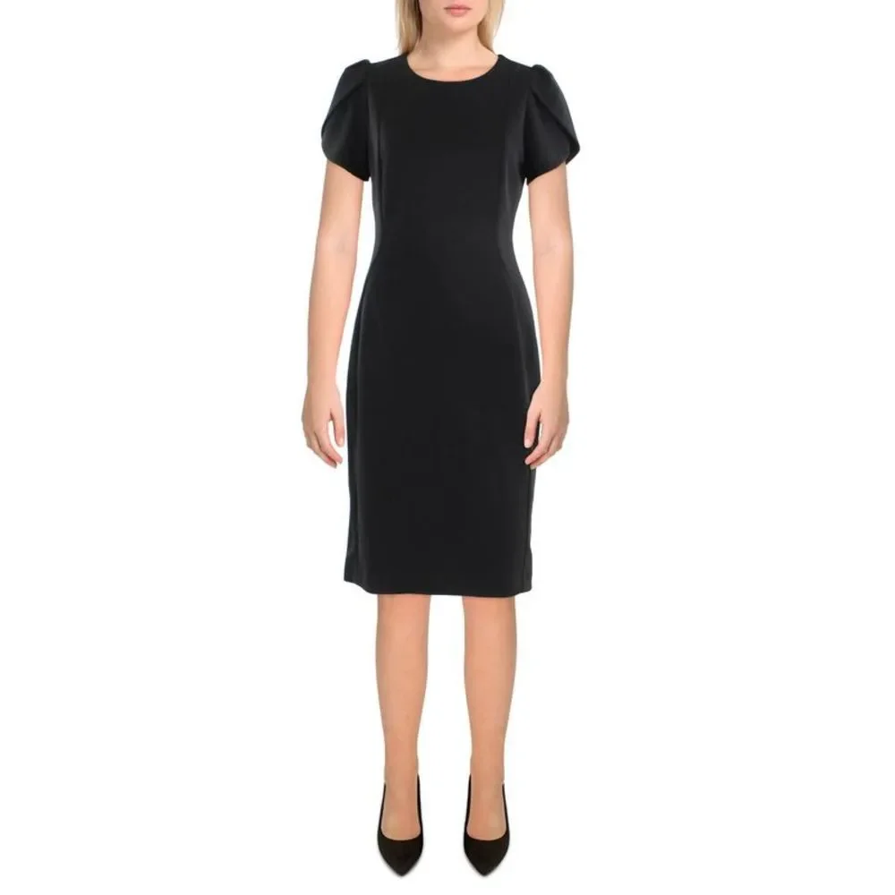 Calvin Klein Womens Black Pintuck Knee Length Tulip Sleeves Sheath Dress NWOT
